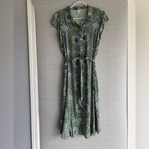 Green and Blue Geometric Button-Front Collared Midi Dress